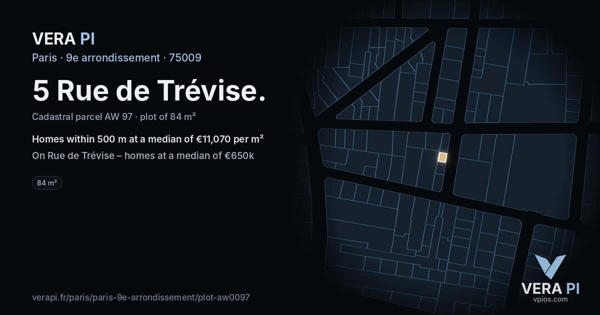 5 Rue de Trévise, 9e arrondissement at night – the plot lit, the parcels around coloured by the prices near them