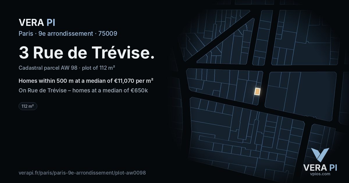 3 Rue de Trévise, 9e arrondissement at night – the plot lit, the parcels around coloured by the prices near them