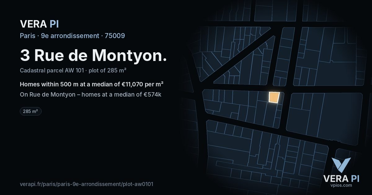 3 Rue de Montyon, 9e arrondissement at night – the plot lit, the parcels around coloured by the prices near them