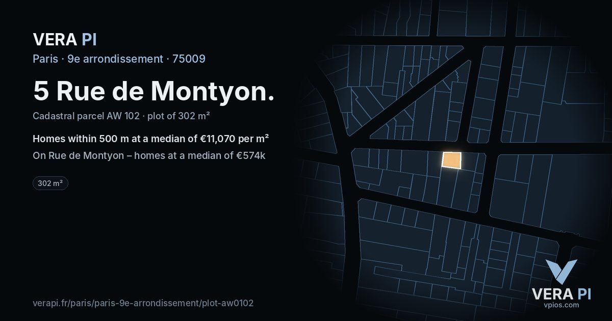 5 Rue de Montyon, 9e arrondissement at night – the plot lit, the parcels around coloured by the prices near them