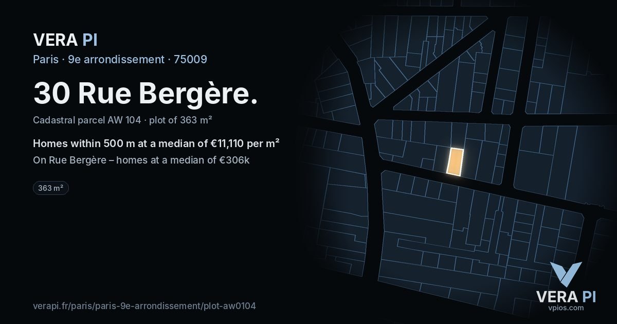 30 Rue Bergère, 9e arrondissement at night – the plot lit, the parcels around coloured by the prices near them