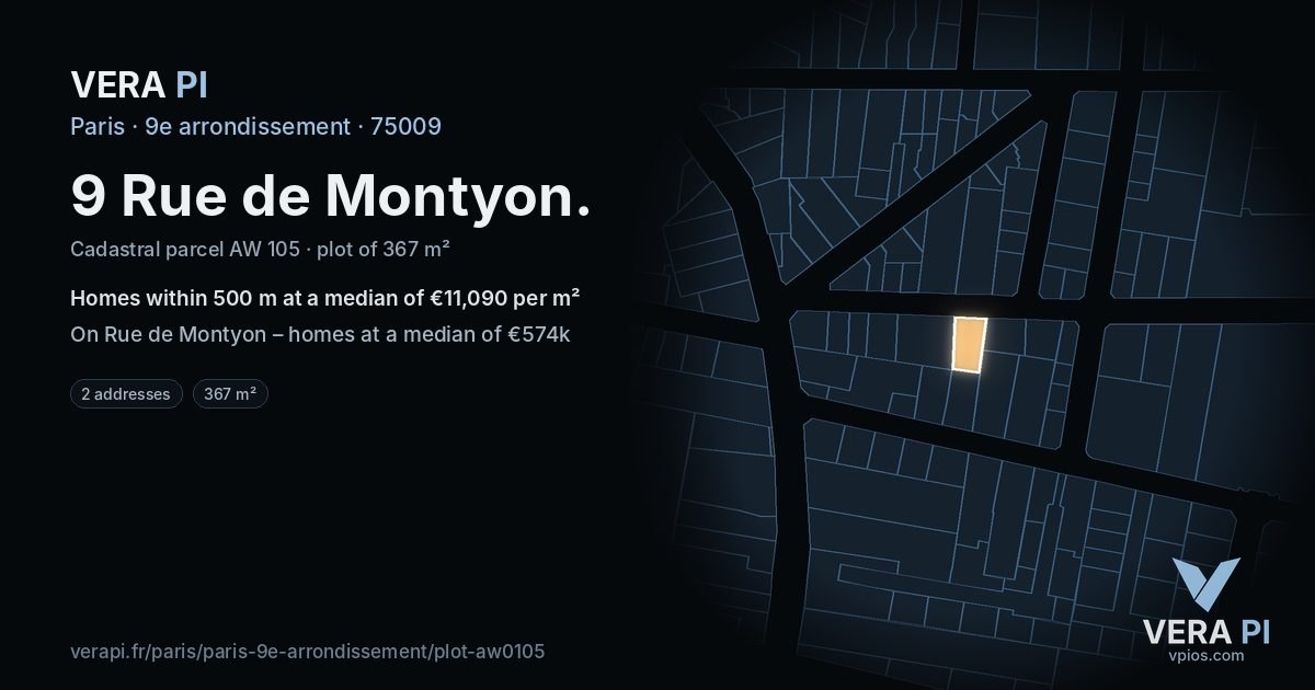 9 Rue de Montyon, 9e arrondissement at night – the plot lit, the parcels around coloured by the prices near them
