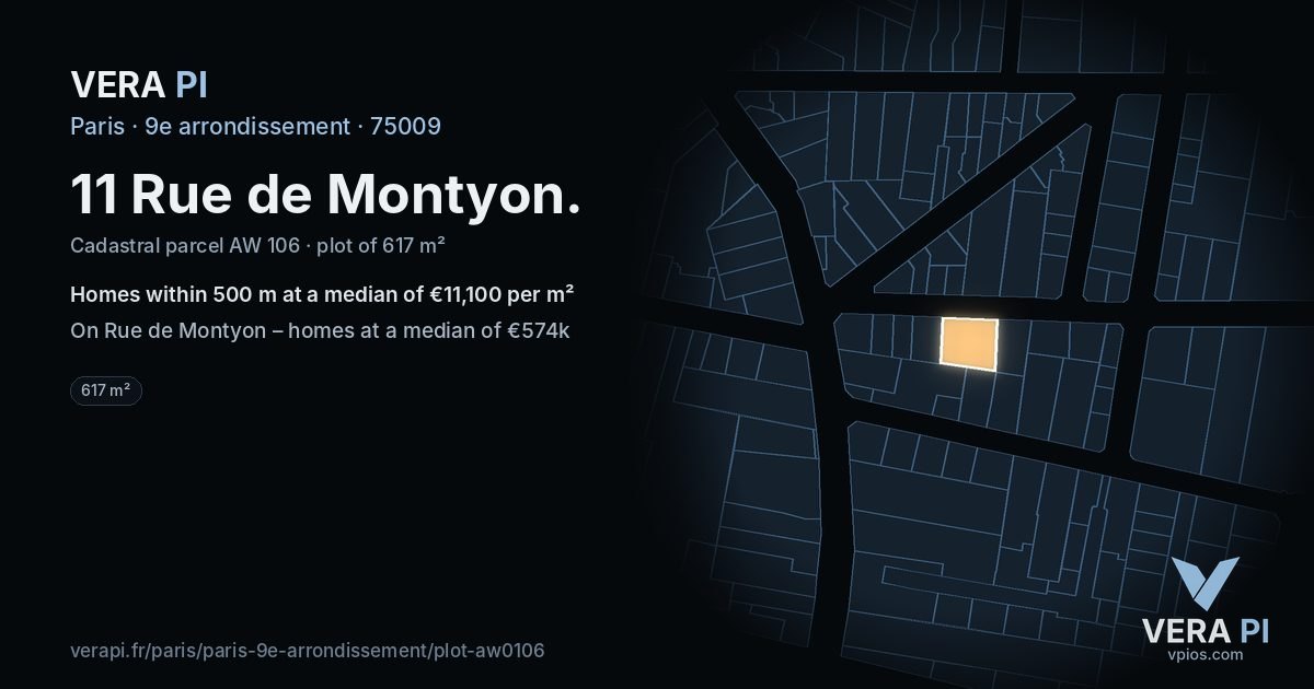 11 Rue de Montyon, 9e arrondissement at night – the plot lit, the parcels around coloured by the prices near them