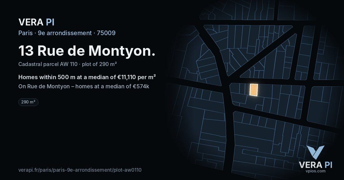 13 Rue de Montyon, 9e arrondissement at night – the plot lit, the parcels around coloured by the prices near them