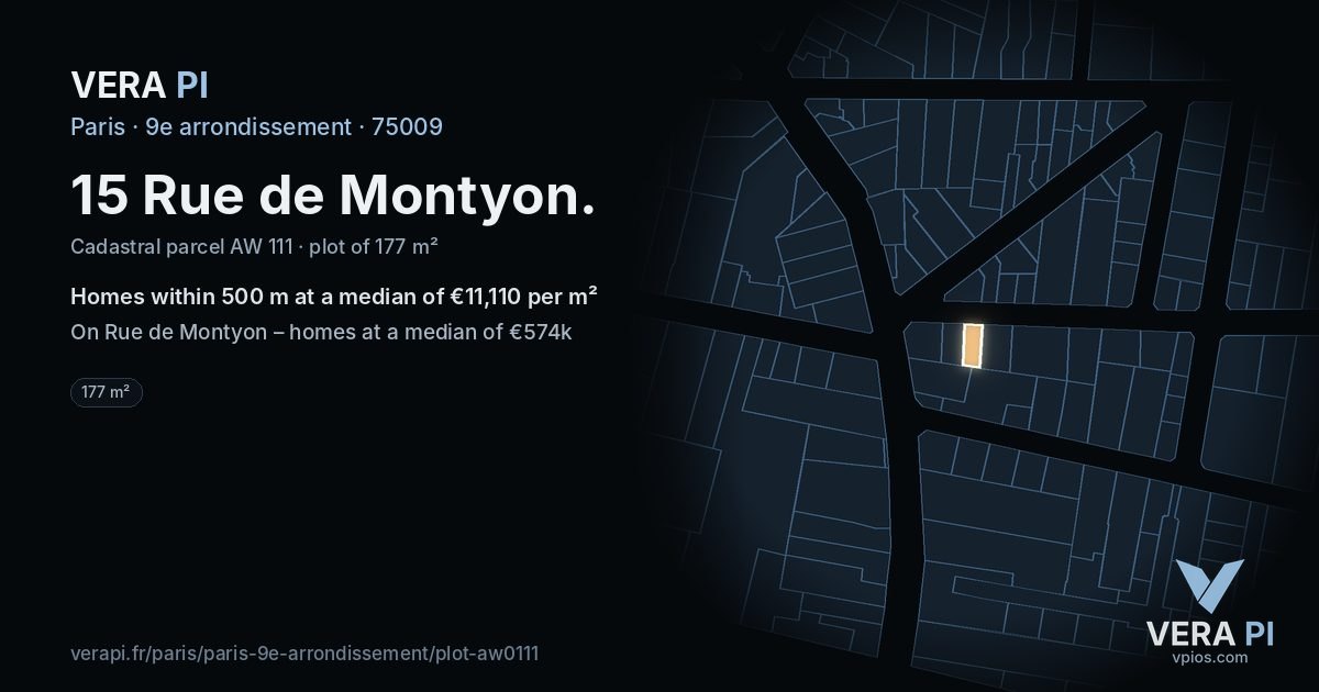 15 Rue de Montyon, 9e arrondissement at night – the plot lit, the parcels around coloured by the prices near them