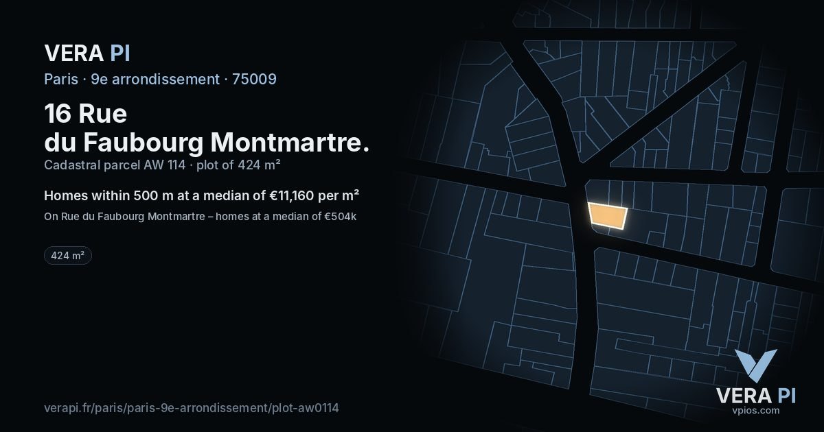 16 Rue du Faubourg Montmartre, 9e arrondissement at night – the plot lit, the parcels around coloured by the prices near them