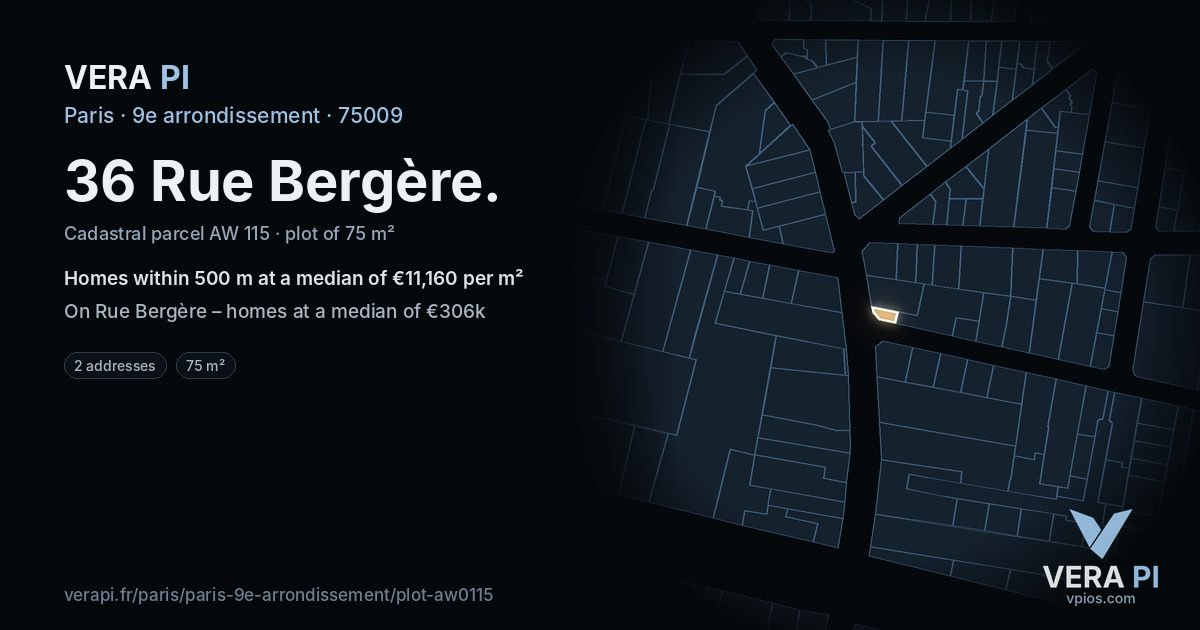 36 Rue Bergère, 9e arrondissement at night – the plot lit, the parcels around coloured by the prices near them