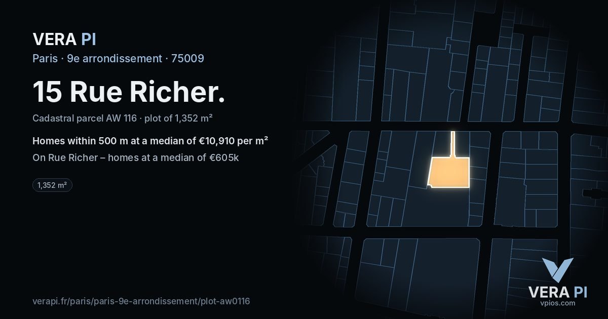 15 Rue Richer, 9e arrondissement at night – the plot lit, the parcels around coloured by the prices near them