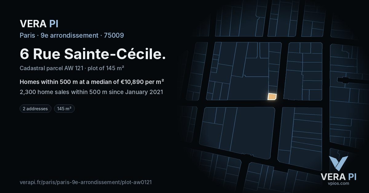 6 Rue Sainte-Cécile, 9e arrondissement at night – the plot lit, the parcels around coloured by the prices near them