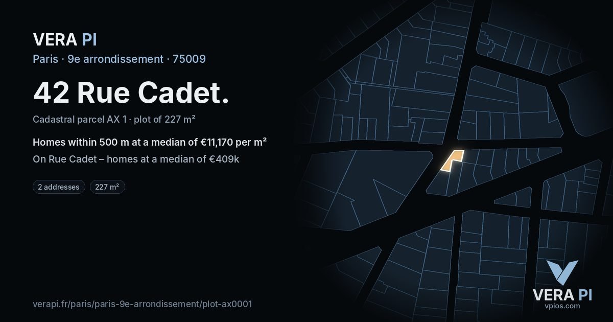 42 Rue Cadet, 9e arrondissement at night – the plot lit, the parcels around coloured by the prices near them