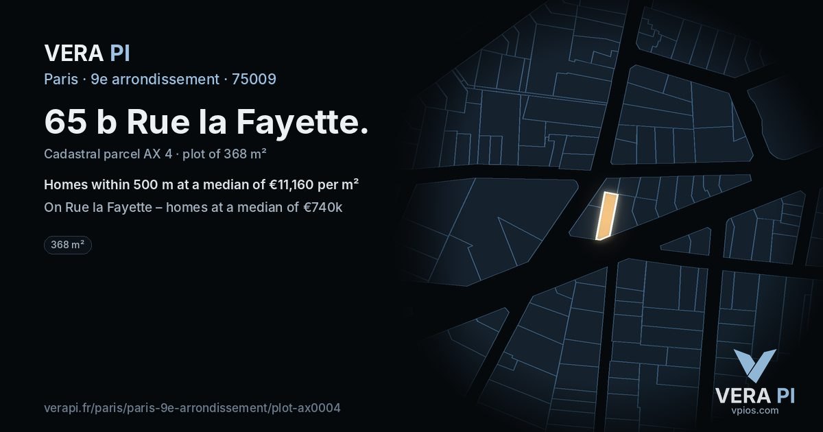 65 b Rue la Fayette, 9e arrondissement at night – the plot lit, the parcels around coloured by the prices near them