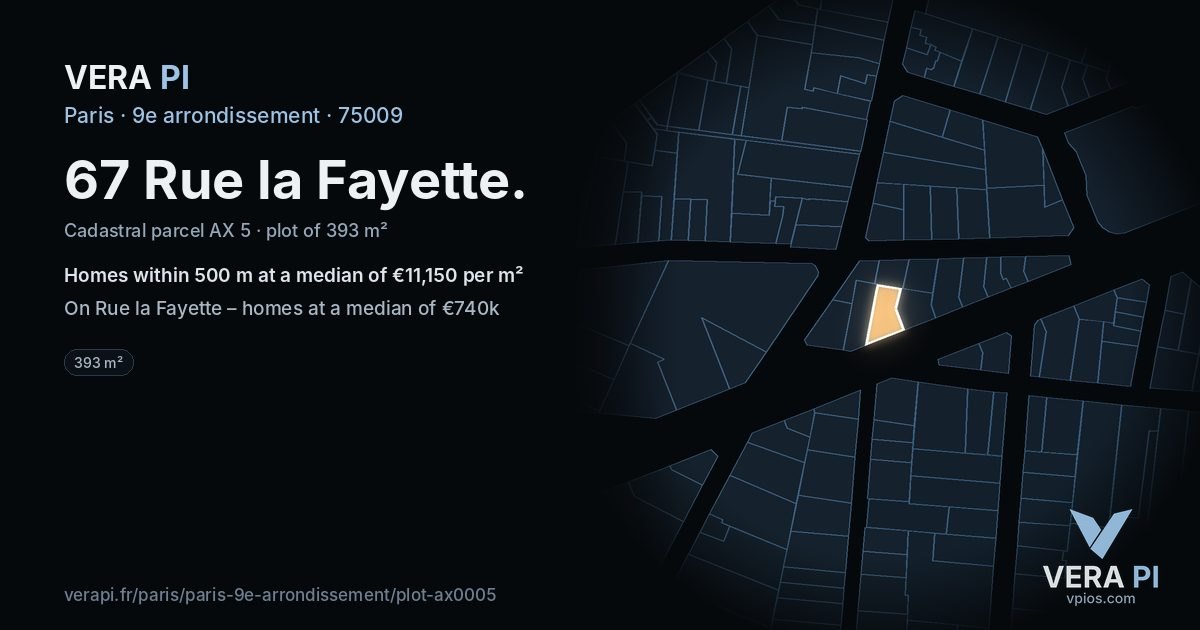 67 Rue la Fayette, 9e arrondissement at night – the plot lit, the parcels around coloured by the prices near them