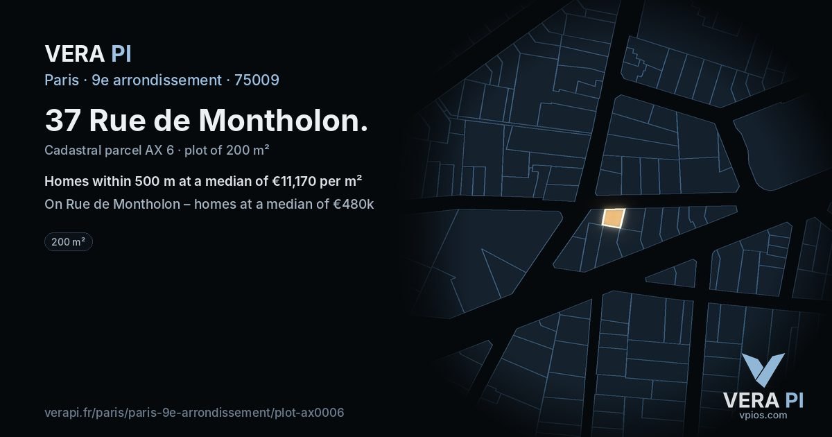 37 Rue de Montholon, 9e arrondissement at night – the plot lit, the parcels around coloured by the prices near them
