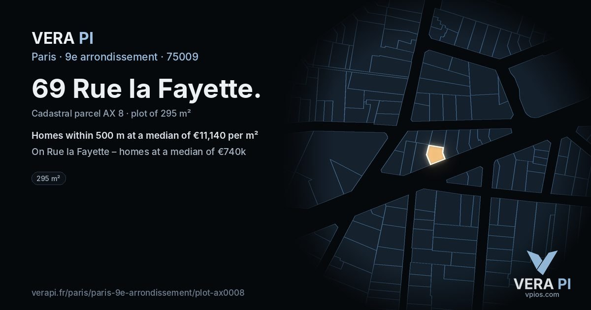 69 Rue la Fayette, 9e arrondissement at night – the plot lit, the parcels around coloured by the prices near them