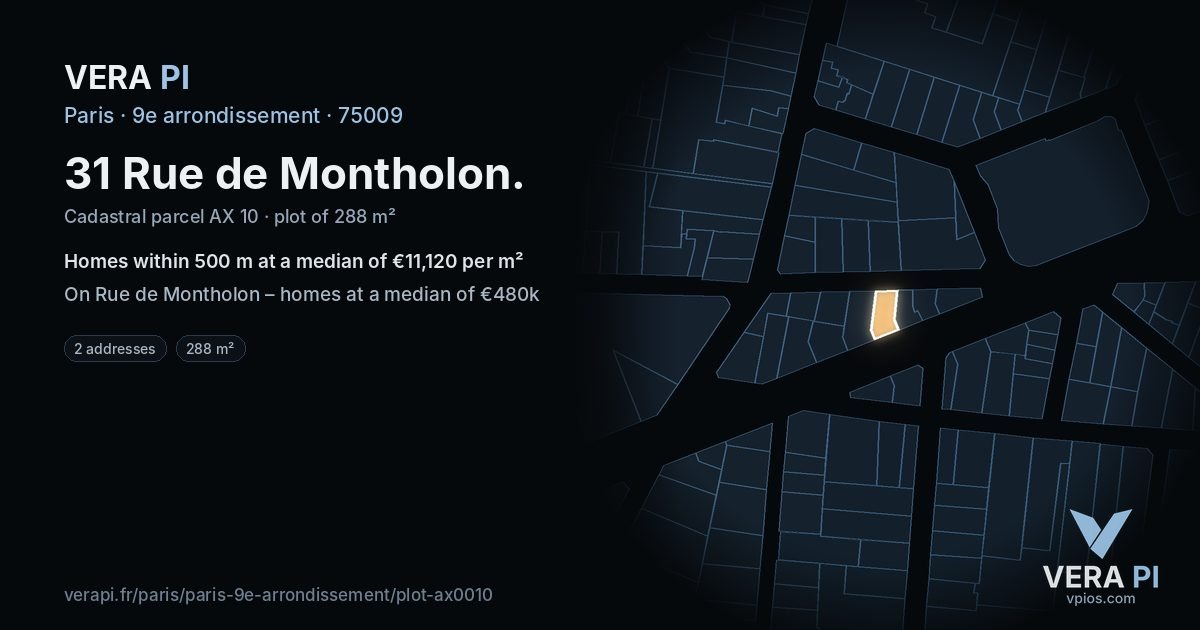 31 Rue de Montholon, 9e arrondissement at night – the plot lit, the parcels around coloured by the prices near them