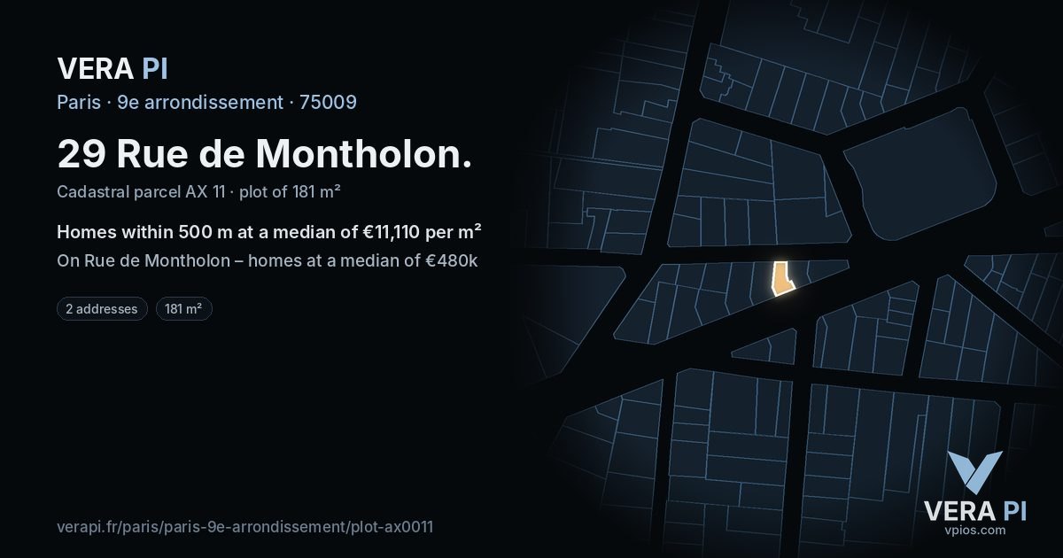 29 Rue de Montholon, 9e arrondissement at night – the plot lit, the parcels around coloured by the prices near them