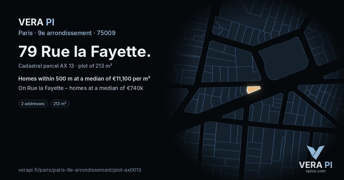 79 Rue la Fayette, 9e arrondissement at night – the plot lit, the parcels around coloured by the prices near them