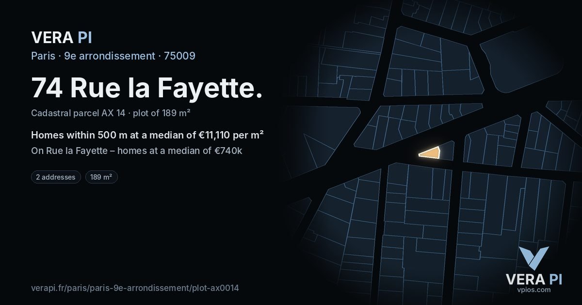 74 Rue la Fayette, 9e arrondissement at night – the plot lit, the parcels around coloured by the prices near them