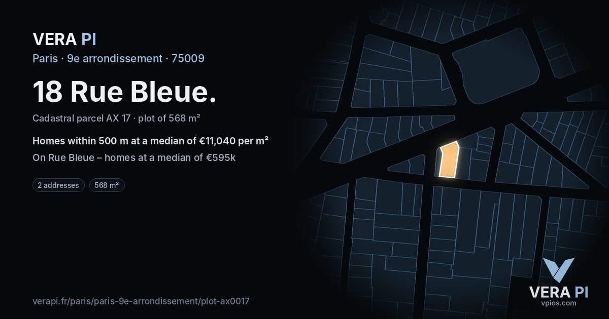 18 Rue Bleue, 9e arrondissement at night – the plot lit, the parcels around coloured by the prices near them