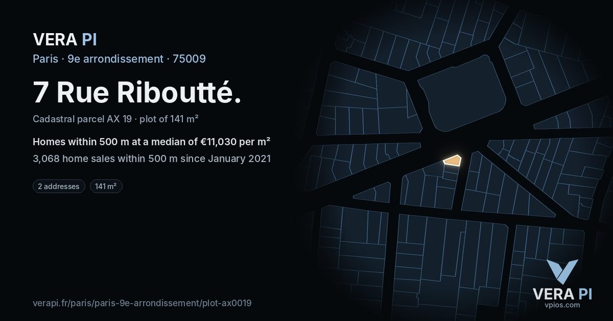 7 Rue Riboutté, 9e arrondissement at night – the plot lit, the parcels around coloured by the prices near them