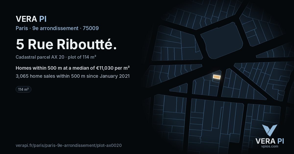 5 Rue Riboutté, 9e arrondissement at night – the plot lit, the parcels around coloured by the prices near them