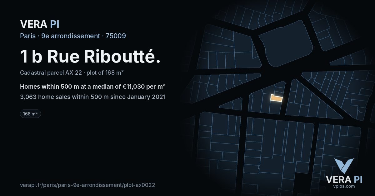 1 b Rue Riboutté, 9e arrondissement at night – the plot lit, the parcels around coloured by the prices near them