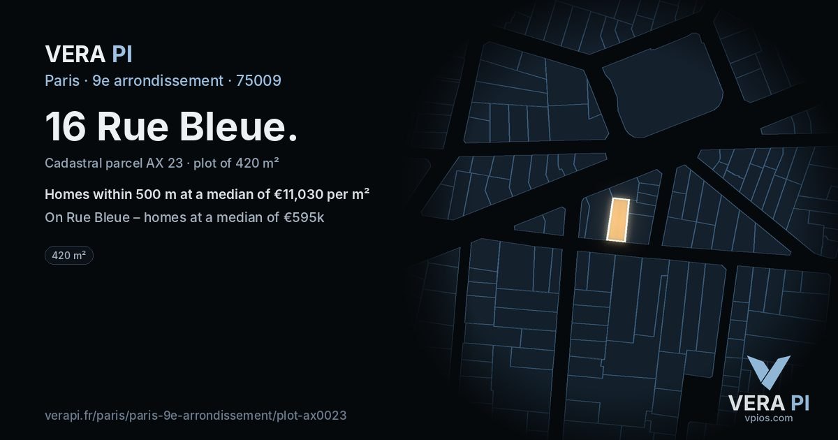 16 Rue Bleue, 9e arrondissement at night – the plot lit, the parcels around coloured by the prices near them