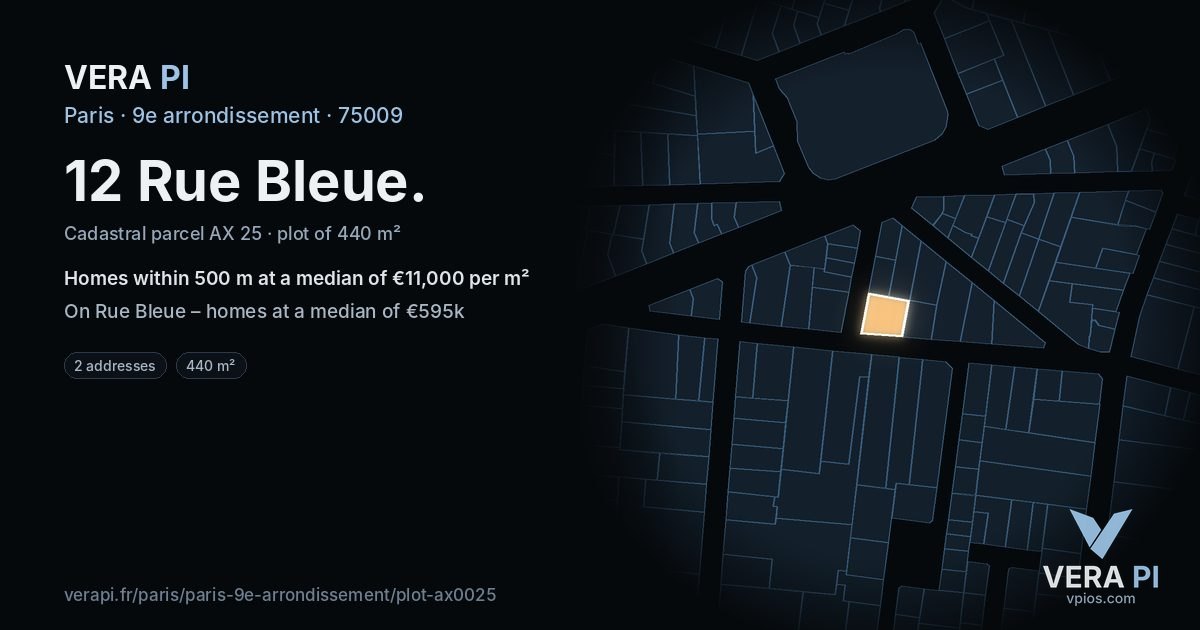 12 Rue Bleue, 9e arrondissement at night – the plot lit, the parcels around coloured by the prices near them