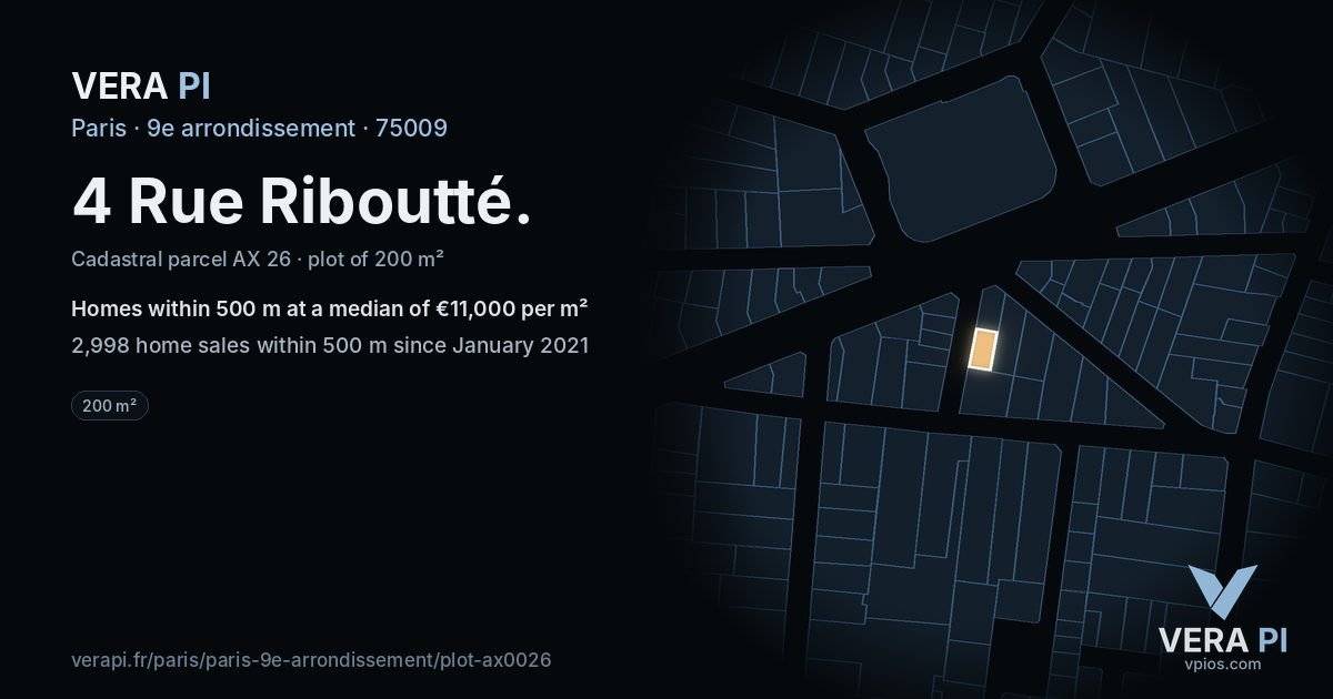4 Rue Riboutté, 9e arrondissement at night – the plot lit, the parcels around coloured by the prices near them