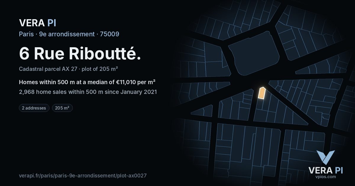 6 Rue Riboutté, 9e arrondissement at night – the plot lit, the parcels around coloured by the prices near them