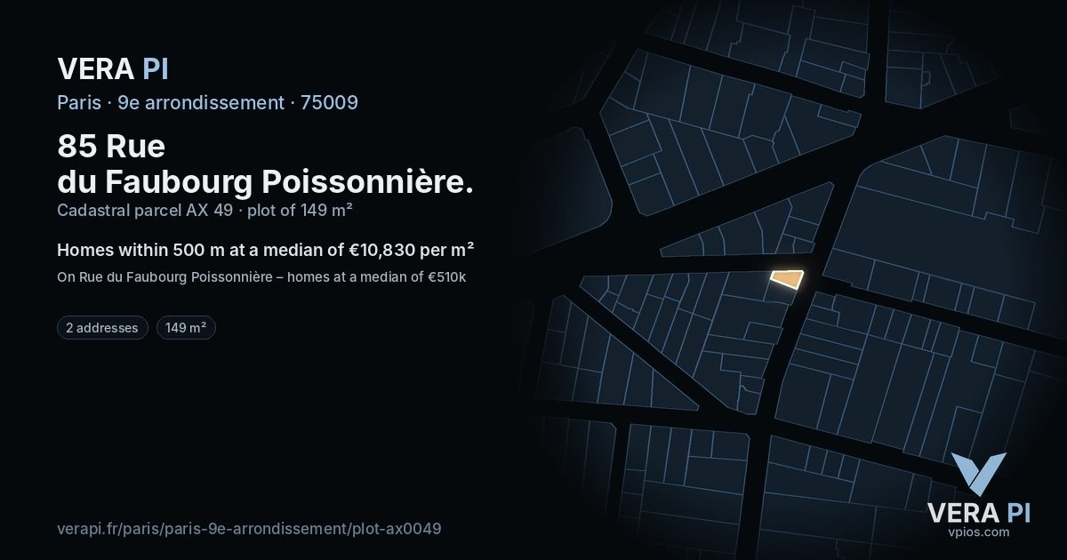 85 Rue du Faubourg Poissonnière, 9e arrondissement at night – the plot lit, the parcels around coloured by the prices near them