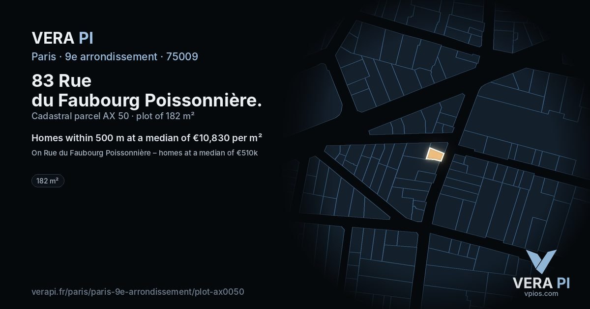 83 Rue du Faubourg Poissonnière, 9e arrondissement at night – the plot lit, the parcels around coloured by the prices near them