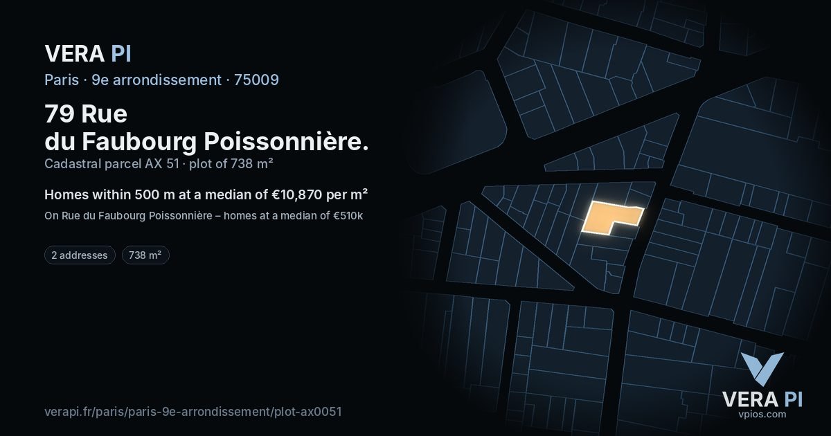 79 Rue du Faubourg Poissonnière, 9e arrondissement at night – the plot lit, the parcels around coloured by the prices near them