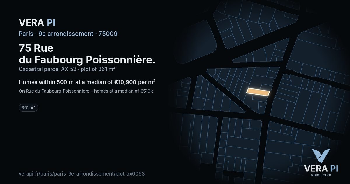 75 Rue du Faubourg Poissonnière, 9e arrondissement at night – the plot lit, the parcels around coloured by the prices near them