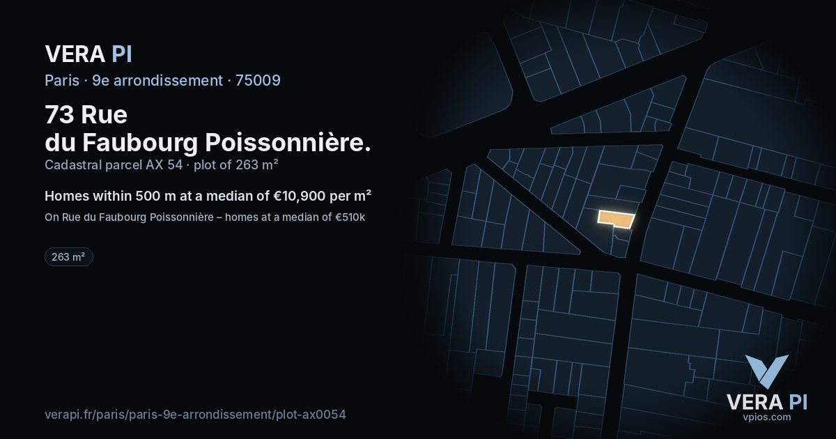 73 Rue du Faubourg Poissonnière, 9e arrondissement at night – the plot lit, the parcels around coloured by the prices near them