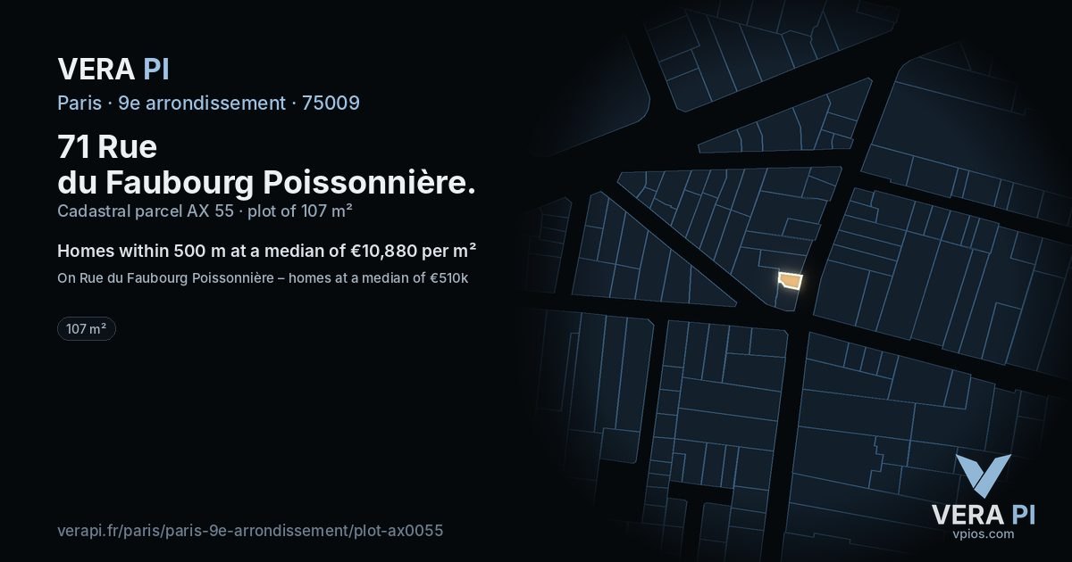 71 Rue du Faubourg Poissonnière, 9e arrondissement at night – the plot lit, the parcels around coloured by the prices near them
