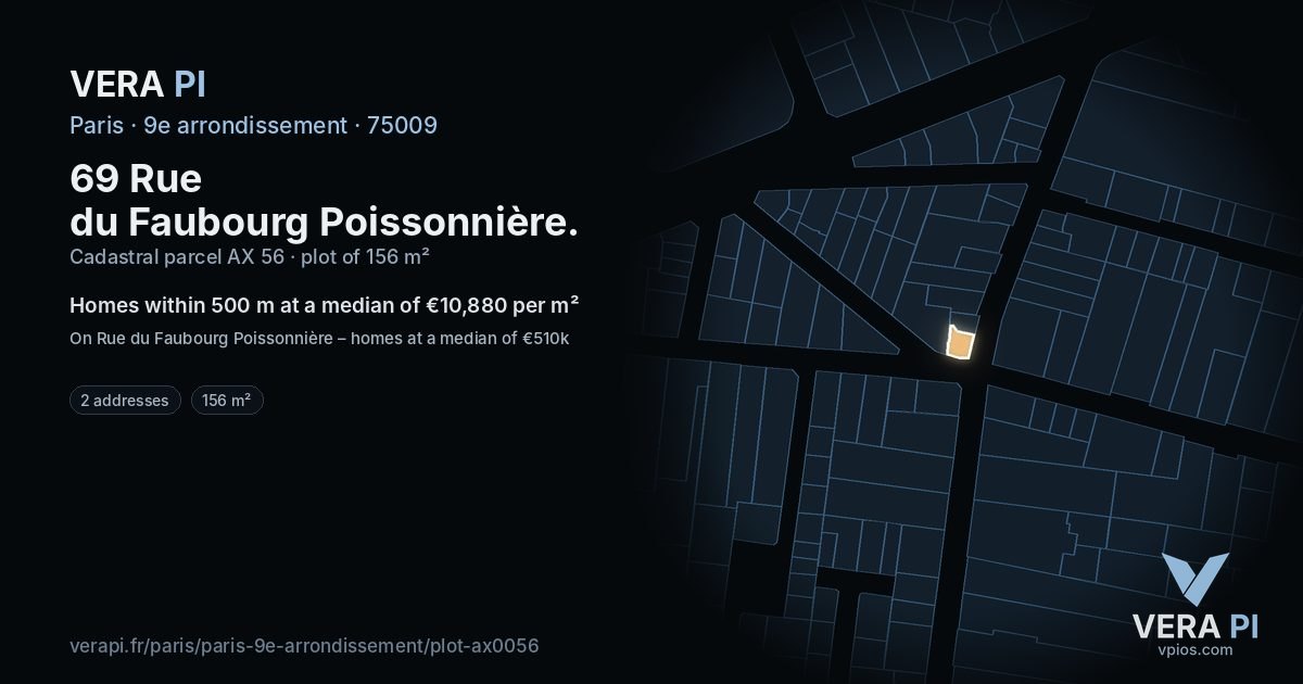 69 Rue du Faubourg Poissonnière, 9e arrondissement at night – the plot lit, the parcels around coloured by the prices near them