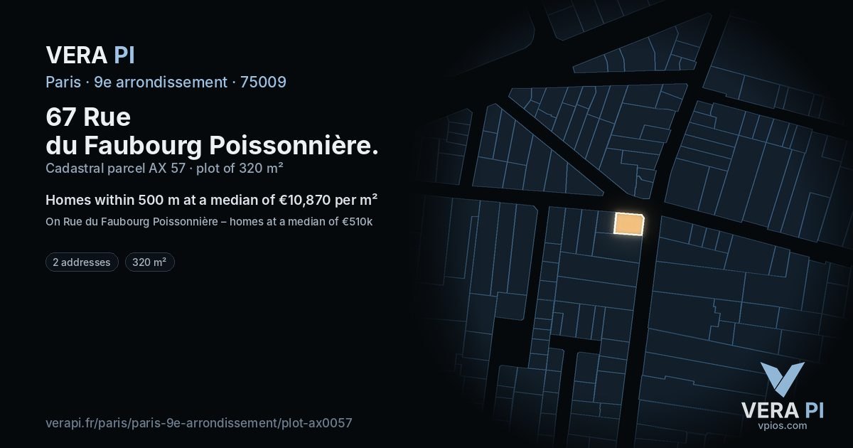 67 Rue du Faubourg Poissonnière, 9e arrondissement at night – the plot lit, the parcels around coloured by the prices near them