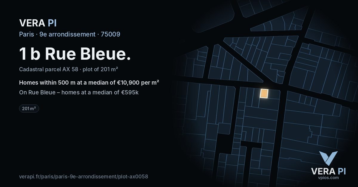 1 b Rue Bleue, 9e arrondissement at night – the plot lit, the parcels around coloured by the prices near them
