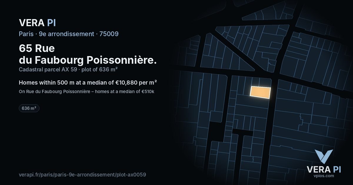 65 Rue du Faubourg Poissonnière, 9e arrondissement at night – the plot lit, the parcels around coloured by the prices near them