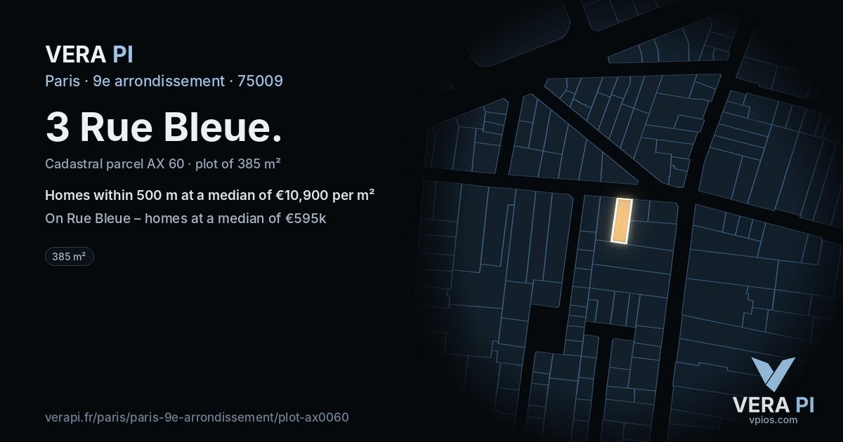3 Rue Bleue, 9e arrondissement at night – the plot lit, the parcels around coloured by the prices near them