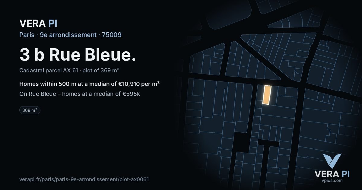 3 b Rue Bleue, 9e arrondissement at night – the plot lit, the parcels around coloured by the prices near them