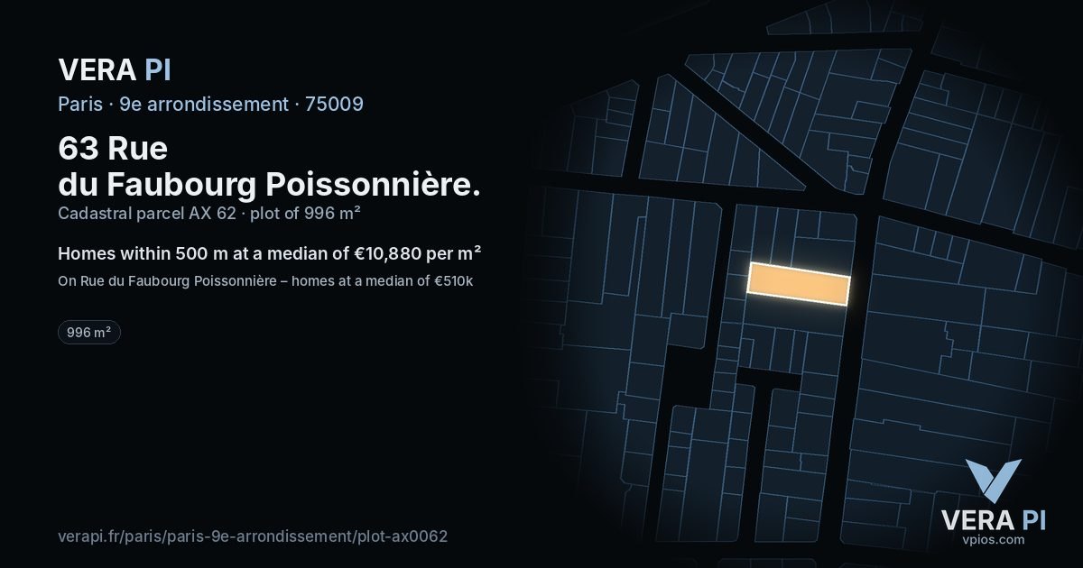 63 Rue du Faubourg Poissonnière, 9e arrondissement at night – the plot lit, the parcels around coloured by the prices near them
