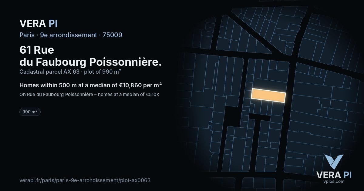 61 Rue du Faubourg Poissonnière, 9e arrondissement at night – the plot lit, the parcels around coloured by the prices near them