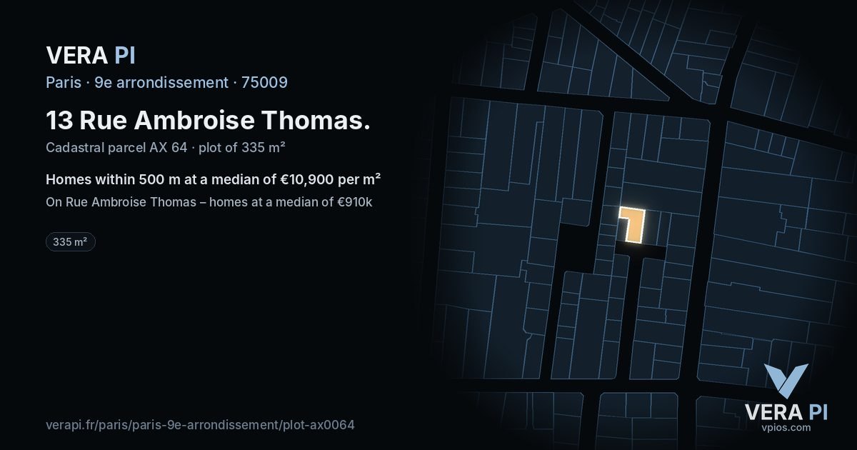 13 Rue Ambroise Thomas, 9e arrondissement at night – the plot lit, the parcels around coloured by the prices near them