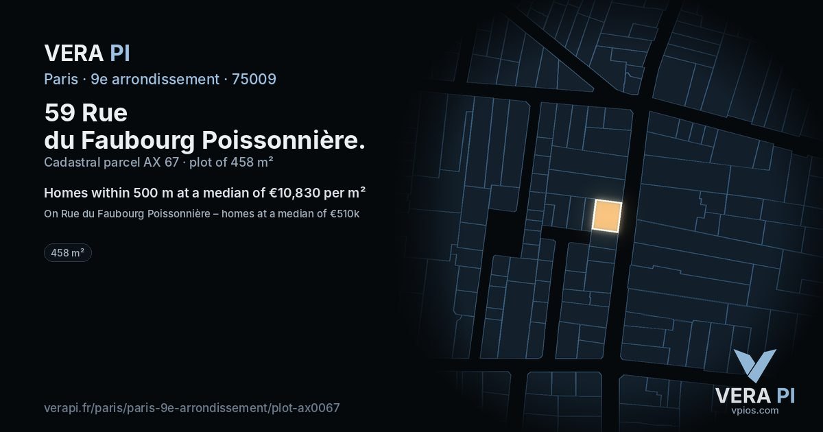 59 Rue du Faubourg Poissonnière, 9e arrondissement at night – the plot lit, the parcels around coloured by the prices near them