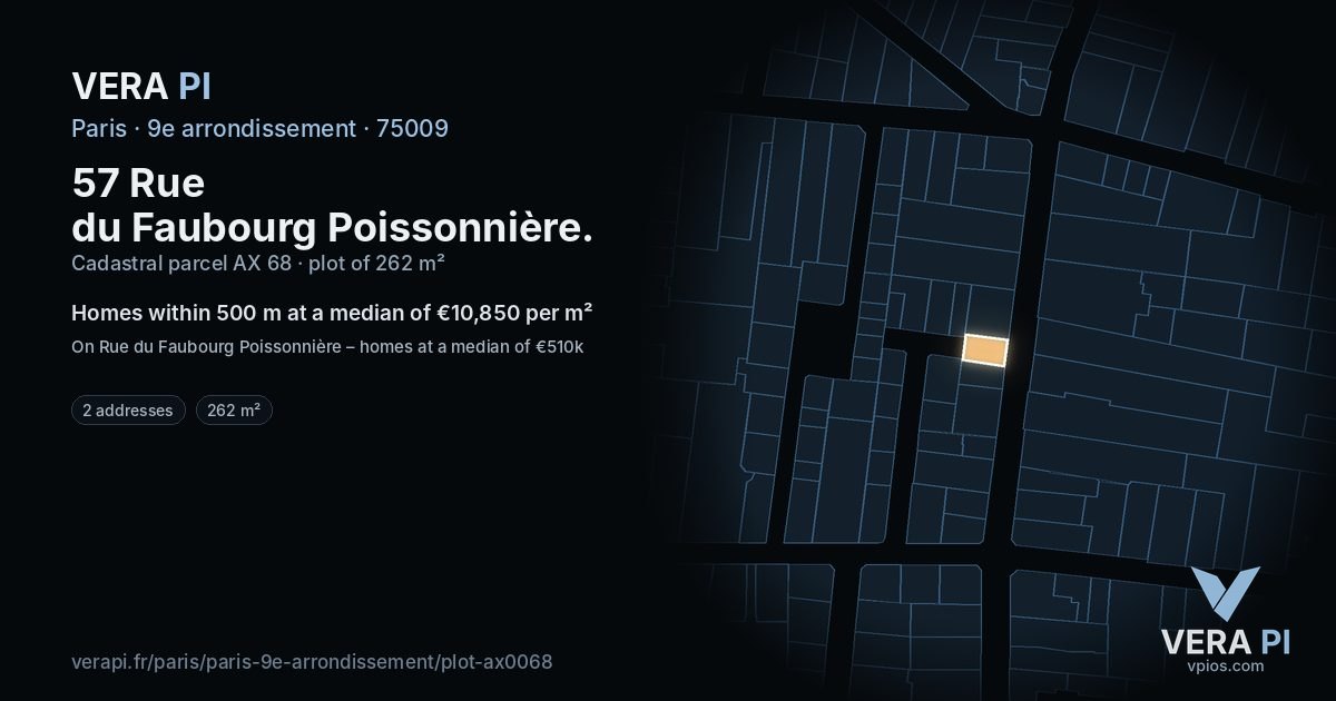 57 Rue du Faubourg Poissonnière, 9e arrondissement at night – the plot lit, the parcels around coloured by the prices near them
