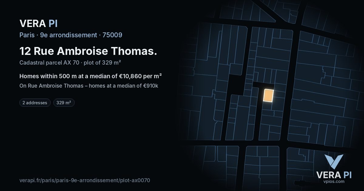 12 Rue Ambroise Thomas, 9e arrondissement at night – the plot lit, the parcels around coloured by the prices near them
