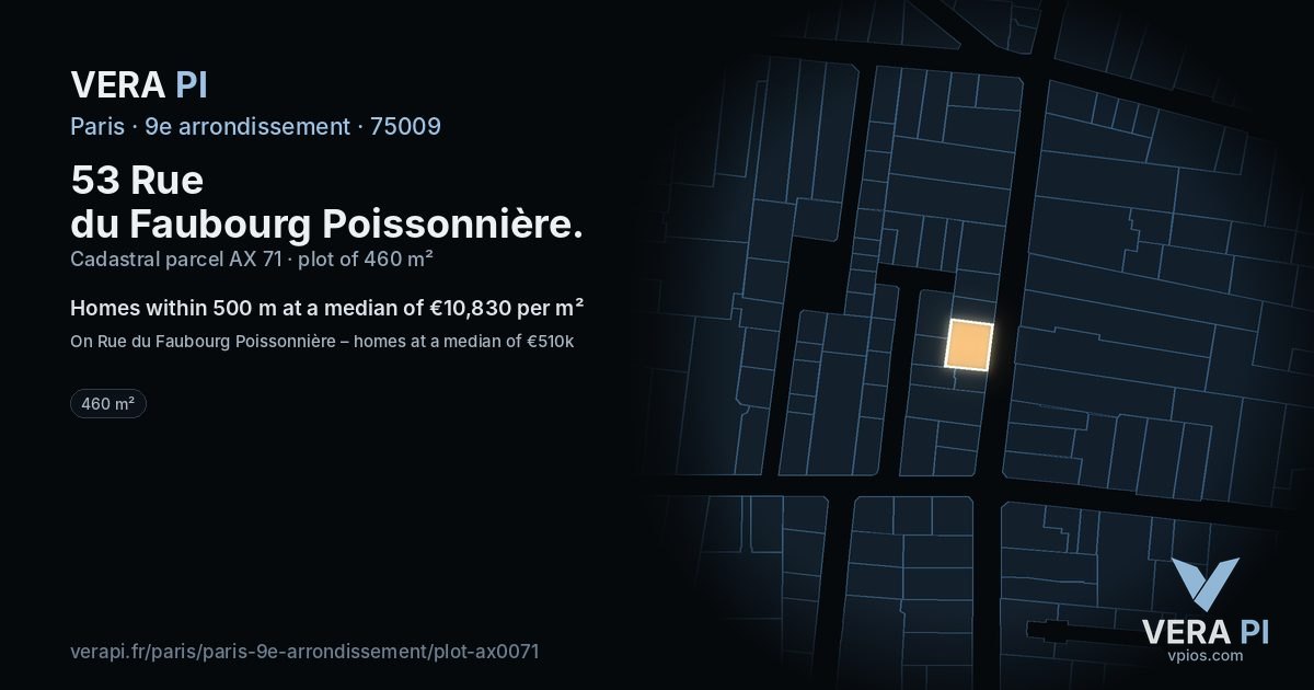 53 Rue du Faubourg Poissonnière, 9e arrondissement at night – the plot lit, the parcels around coloured by the prices near them