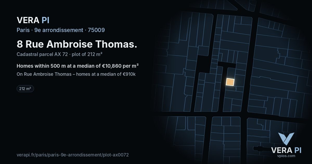 8 Rue Ambroise Thomas, 9e arrondissement at night – the plot lit, the parcels around coloured by the prices near them